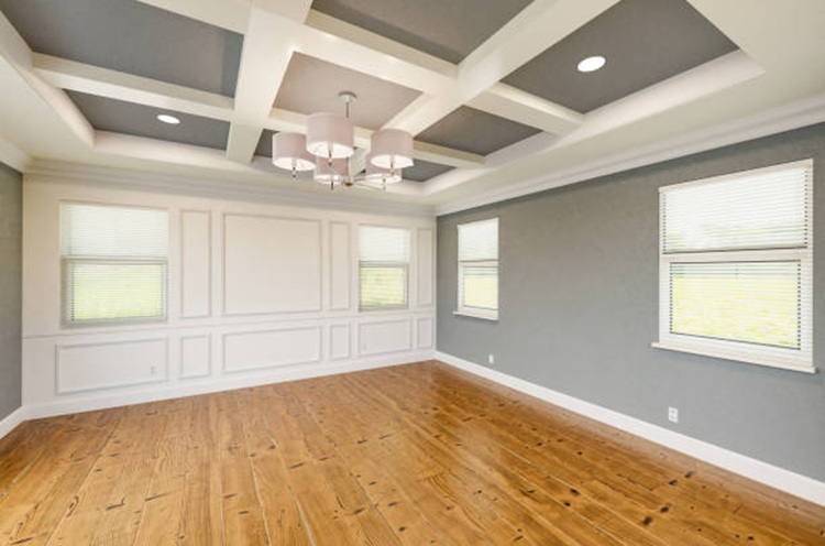 Newly finished master suite with elegant wall and floor design